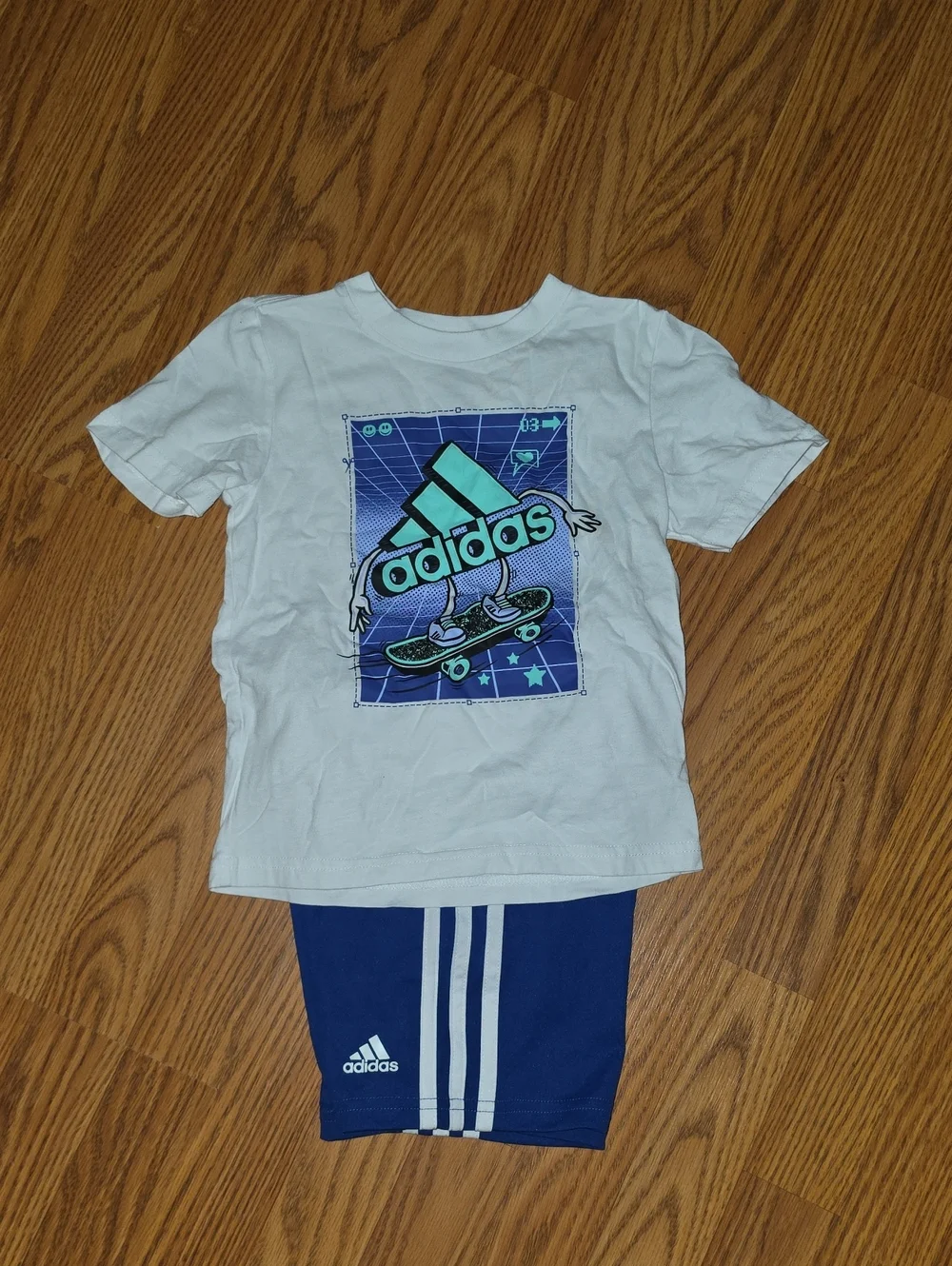adidas White Tee with Teal & Blue Skate Graphic And Matching Shorts